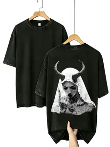 Men's Short-Sleeve Viral TikTok Demon Nun Acid Wash Tee - Dark Feminine, Gothic, Oversized, Grunge, Unisex T-Shirt Graphic Album good