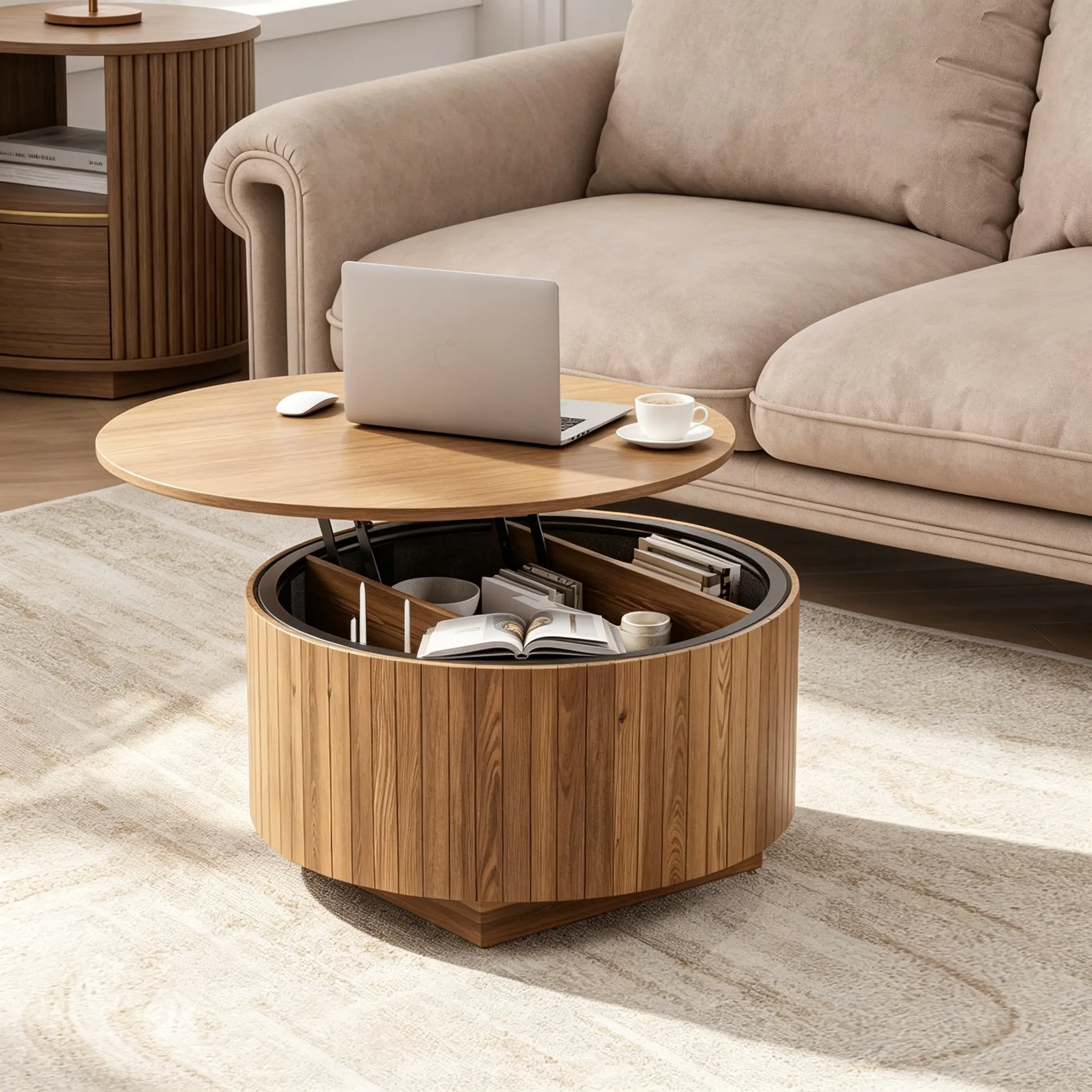 Modern Elevated Round Lift-Top Storage Coffee Table - Fluted Wood Drum Freestanding Storage Cabinet with Divided Hidden Compartment, RGB LED Light, Multi-Functional Adjustable Height Work Table for Living Room Decor, Modern Coffee Table