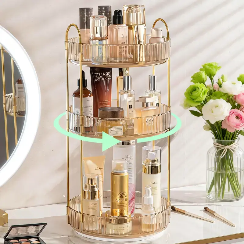 Modern Round 360-Rotatable 3-Tier Acrylic Makeup Organizer - Large Home Supplies Storage Boxes for Vanity Countertop, Dorm, Steady Lazy Susan for Cosmetics, Lipsticks, Brushes, Figures, Fragrances, Back to School