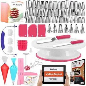 200pcs cake decorating kit for beginners with turntable for decoration piping bags and tips set straight offset spatula leveler video course pattern chart more baking supplies