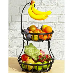 2 Tier Countertop Fruit Basket For Kitchen,Bread Vegetable Fruit Bowl Stand Detachable Metal Rectangular Wire Basket, Black Medium
