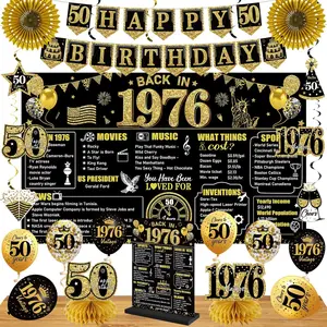 21-Piece 50th Birthday Party Supplies Set,50th Birthday Decorations Kit for Men Women, Black Gold 21PCS Back in 1976 Banner Decorations, Vintage 1976 Banner Wooden Table Sign Poster Hanging Swirl Balloons Paper Fans Cheers to 50 years