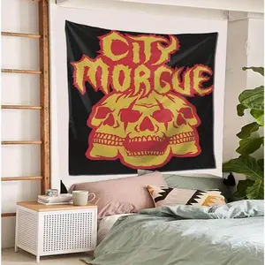 CHANDTARA City of Morgue Hip Hop Rapper Tapestry - Black with Yellow Skull & Flame Design, Peach Light Beige Fabric, Horizontal Wall Hanging for Bedroom, Dorm, or Home Decor, 60x40 Inches, Bedroom Wall Decor |     Edgy Wall Art |     Artist