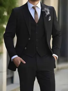 Men's 3pcs Wedding Suit Set - Navy Blue/Black/Brown Tailored Blazer, Long Sleeve, Vest & Dress Pants | Wedding Groom, Prom, Business, Party & Formal Wear Outfit | All-Season Male Tailoring Suit, Mens Clothes