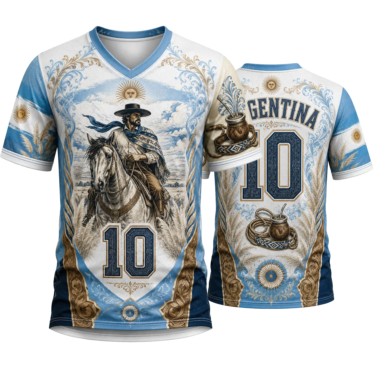 Argentina Gaucho Heritage-Inspired V-Neck Athletic Shirt for Men Women, Sky Blue White Horse Rider Mate Cup Sun and Number 10 Graphic Short Sleeve Casual Top, Size S-5XL