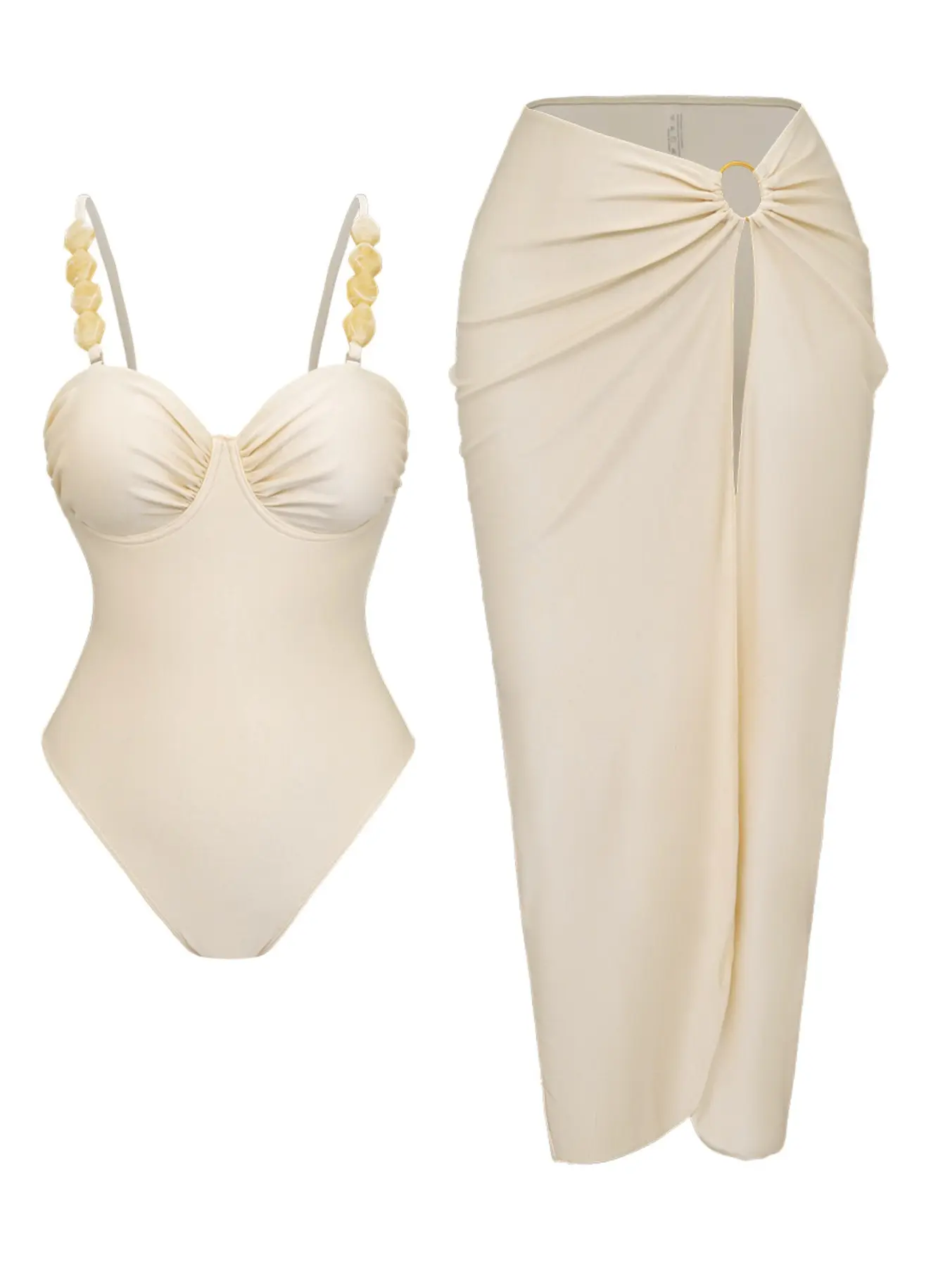 Women's Two-Piece Swimsuit Set, Cream Color Bikini and Sheer Skirt, Elegant and Unique Design, Perfect for Summer Vacation, Beach Choice, Fashion Beachwear Swimwear, Bikini With Skirt
