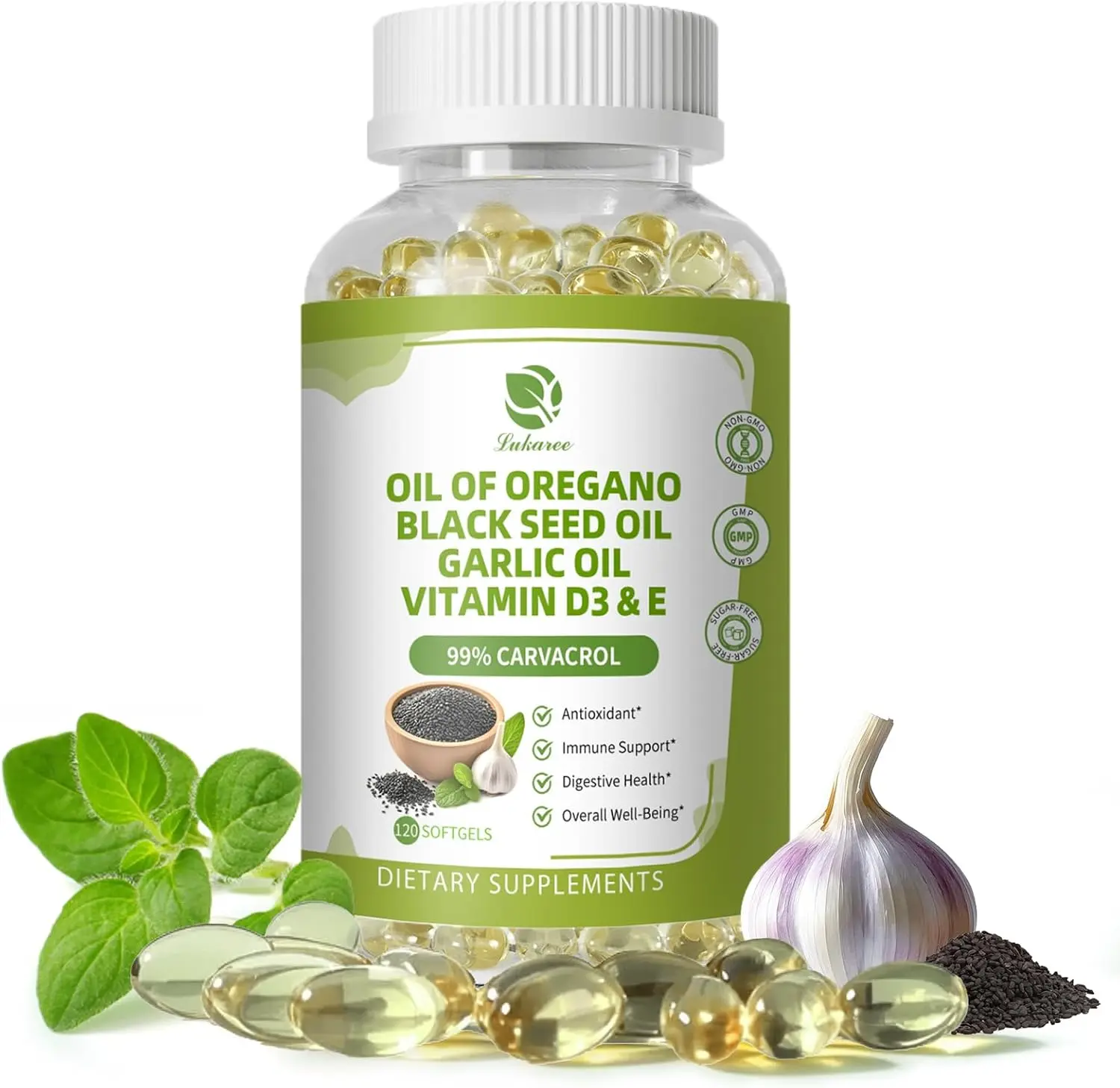 Lukaree Oregano Oil Capsules Organic with Black Seed Oil, Garlic Oil, Vitamin D3 E, 99% High Concentrated Carvacrol - Antioxidant, Immune & Digestive Support, 120 Count