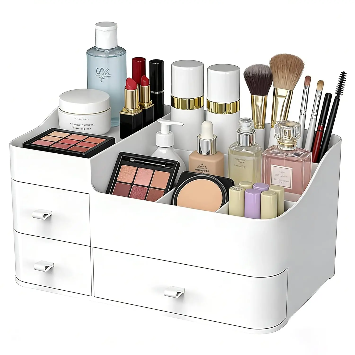 Large Capacity ABS Plastic Silicone-Lined Cosmetic Storage Box with Slide Drawers, Countertop Vanity Organizer for Skincare, Perfume, Makeup Brushes, Gift Idea for Girls, Bathroom Home Organizer