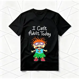 [100% Cotton] Summer Tee Tee "I Can'T Adult Today" Rugrats Cartoon American Retro Black Short-Sleeved Unisex T-Shirt, Nostalgic 90S Character Graphic, Casual Streetwear , Unique Quirky Pop Culture Fashion Statement Piece Game Funny Crewneck Menswear
