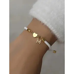 Initial Heart Charm Letter Link Bracelet, Fashion All-match Jewelry for Women, Retro Adjustable Rope Bracelet for Daily Use