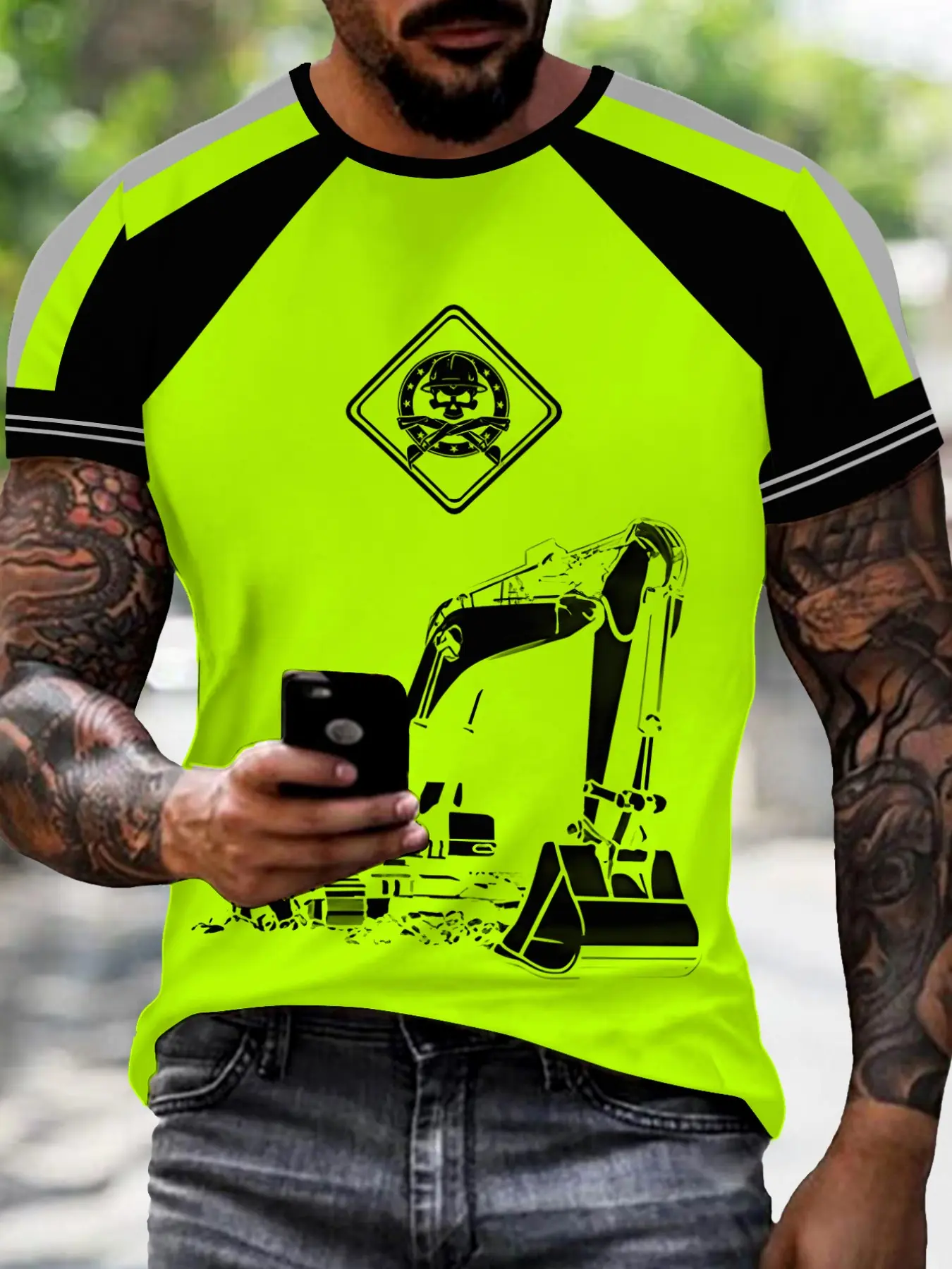 Industrial Skull Excavator Printed T-Shirt, Trendy Short Sleeve Streetwear, Comfortable Fashion Design, Perfect Daily Wear, Ideal Gift Choice, Menswear