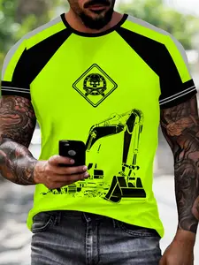Industrial Skull Excavator Printed T-Shirt, Trendy Short Sleeve, Comfortable Fashion Design, Perfect Daily Wear, Ideal Gift Choice