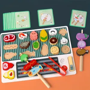 Kitchen Toy Set, BBQ Role Play Game, Wooden Mini Grill Cooking Toys, Christmas Birthday Gift for Boys and Girls Aged 3+