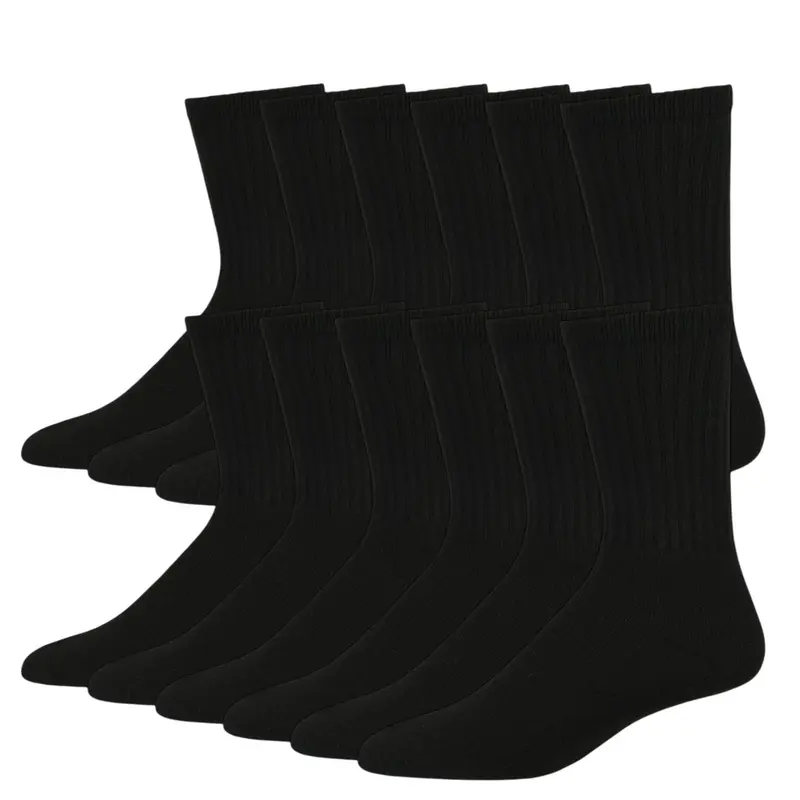 Unisex 12-Pair Premium Cotton Blend Sports Athletic Crew Socks - Gym-Ready, Compressible, Sweat-Absorbing, Anti-Slip, Mid-Calf, Machine Washable Value Pack