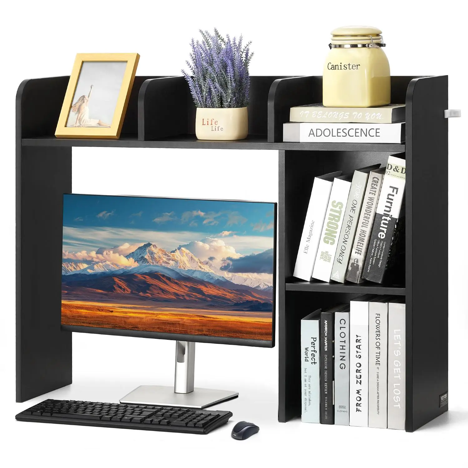 VEVOR Desktop Bookshelf,  2-Tier Desktop Storage Organizer, 37.2" x 9.5" x 28.9" Office Storage Rack Wood Display Shelf, Desktop Bookshelf Hutch with Anti-Slip Feet Pads, for Office, Home & Dorm, Black