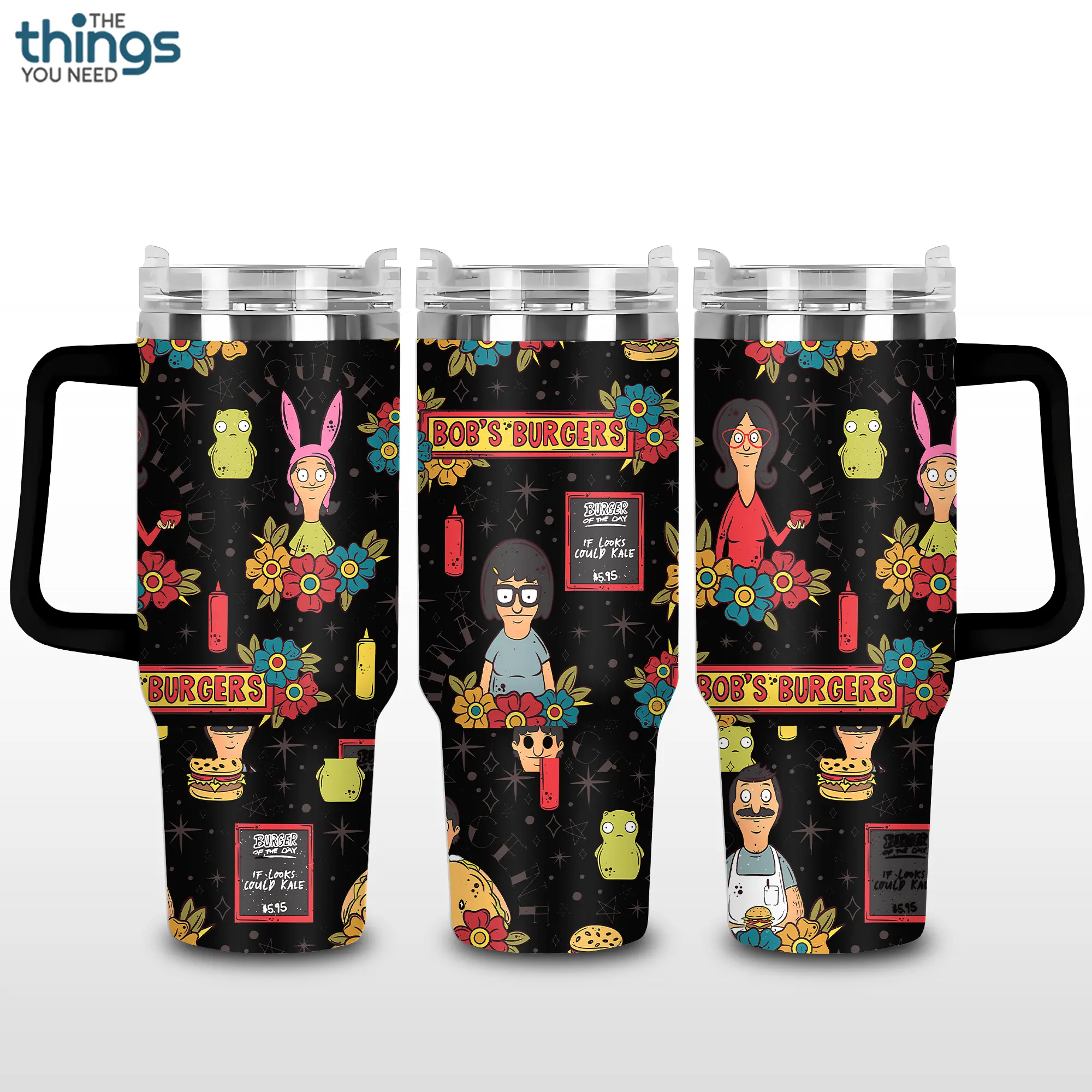 Bob’s Burgers 40oz With Handle Tumbler, Cartoon Family Stainless Steel Tumbler, Funny TV Show Fan Gift, Animated Drinkware, Perfect Gift For Cartoon Lovers
