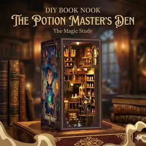 3D Wooden Book Nook Puzzle Kit with LED Light, Magical Alchemy Bookshelf Insert, DIY Miniature Room Decor for Home, Arts and Crafts Gifts 14+