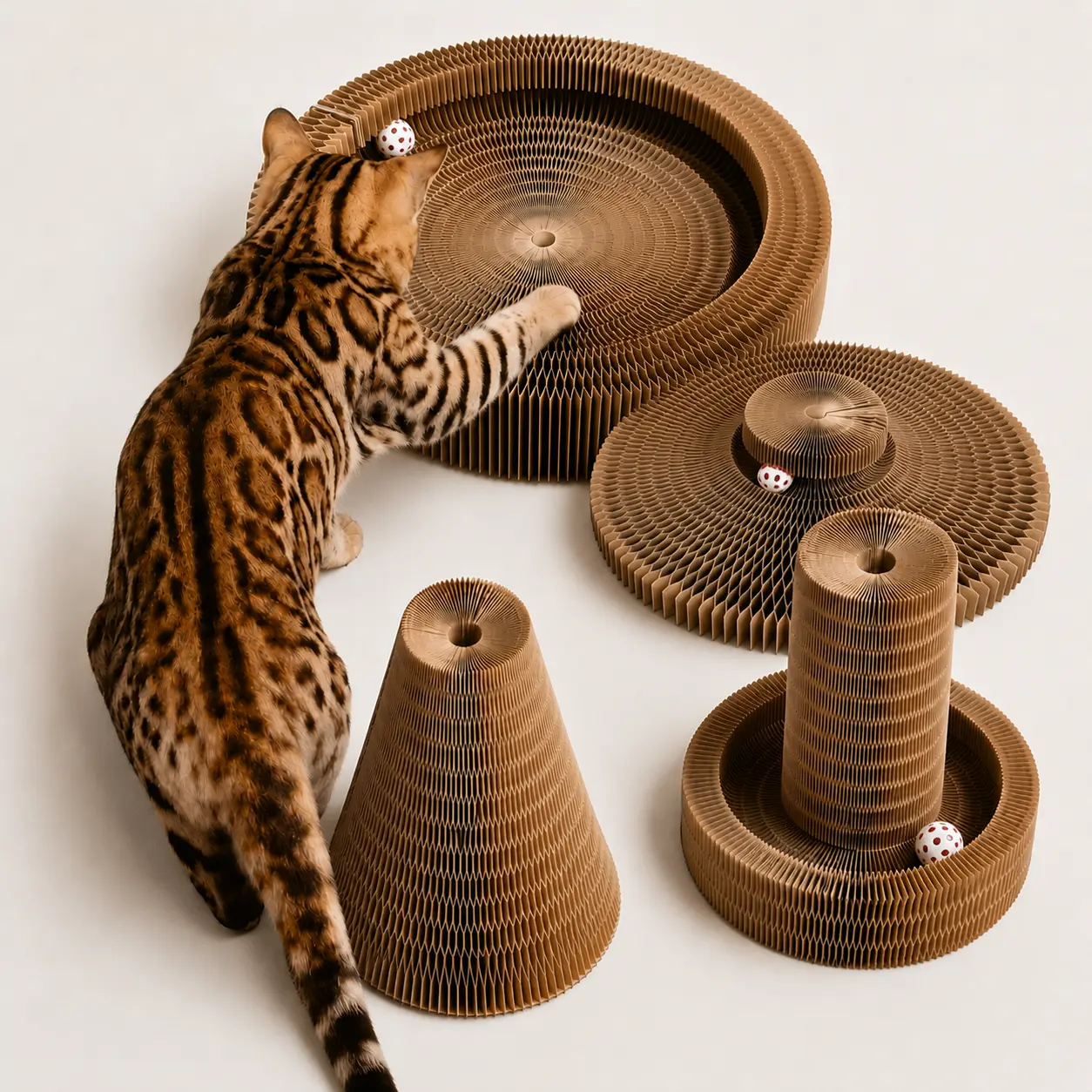 Magnetic Accordion Cat Scratcher Toy, Magnetic Kurls Cat Scratching Board, Interactive Cardboard Cat Toy with Scratch Pad, Cat Bed, Ball Scratcher, Cat Scratcher Board, Stick-Style Scratching Pad, and Rotating Paw-Shaped Cat Toy Bed mat