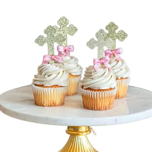 Posh Soiree Baptism Cupcake Toppers - Gold Glitter Cross Decorations with Pink Bow, Perfect for Christenings, Mi Bautizo, and Religious Celebrations - Set of 12