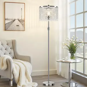 [Upgraded] Dimmable Crystal Floor Lamps for Living Room, 1000LM LED Bulb Included, Standing Lamp with Knob Switch, Tall Silver Modern Floor Lamp for Bedroom Nursery Office Reading