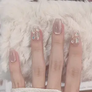 2602M Trending wearable nails warm jade pink diamond shiny print Reusable Press-On Nails – soft nude with iridescent shell accents