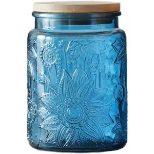 MIUVA Blue Glass Jar 23.7 FL OZ Vintage Embossed Sunflower Design Airtight Lid for Food Storage Tea Coffee Sugar Candy Decorative Vase 1 Pack Thanksgiving tableware Christmas Gift Set Stock Up Coffee Sets