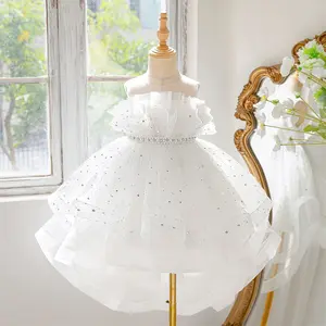 3-8Y White 6103 Kids Clothes Flower Girls Frock Sequins Mesh railing Ball Gown Pageant Children Elegant Princess Prom Host Formal Evening Party Banquet Cocktail Dress