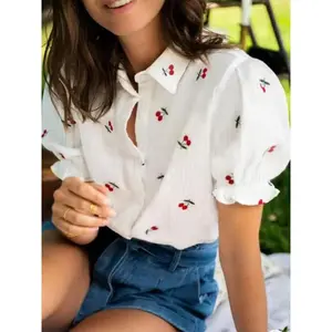 Women’s cherry print button-front shirt, summer casual short-sleeved top, women’s everyday wear GARMENTARY