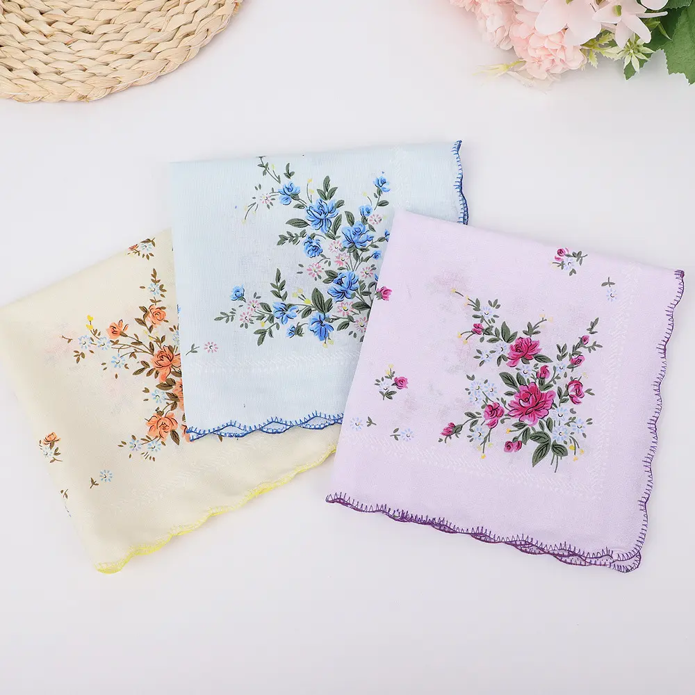 Women's Elegant Dainty Embroidered Vintage Floral Print Cotton Handkerchiefs - 6Pcs Bulk, 11x11 inches, 3 Assorted Colors, Wavy Edge, Absorbent, Hand Wash, Home Improvement Essentials for Female Graduation Use