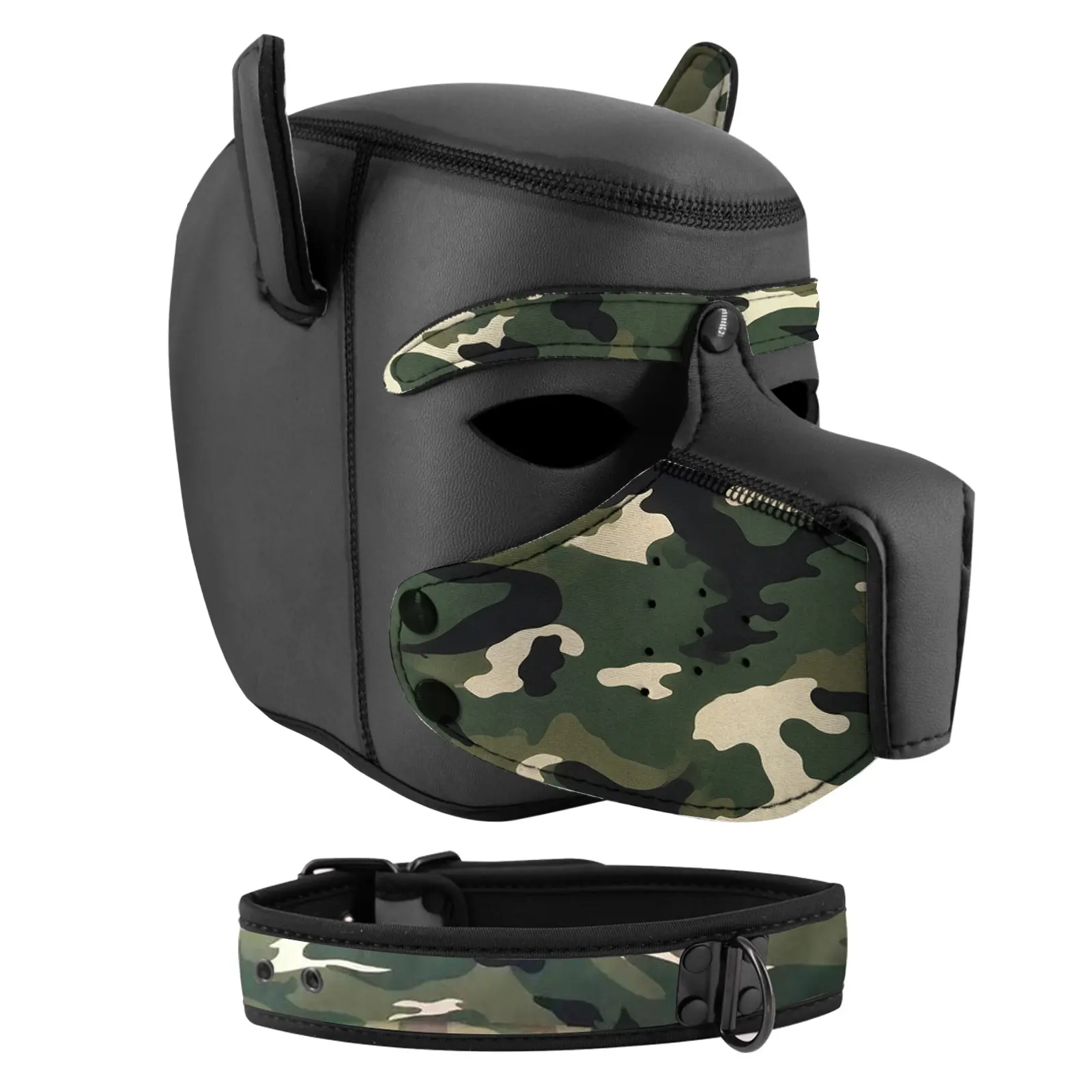 Camouflage Neoprene Pup Hood with Removable Muzzle, Puppy Dog Cosplay Head Mask, Includes Matching Adjustable Collar for Halloween & Themed Party