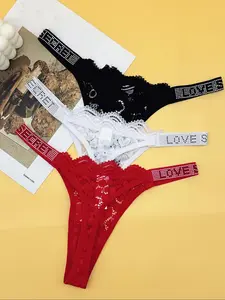 Women's Solid Color Shine Rhinestone Strap Bow Decor Floral Lace Thong, Sexy Comfortable Breathable Seamless Drop Waist Panty for Daily Wear, Ladies Underwear for All Seasons, Trim Lace Panty