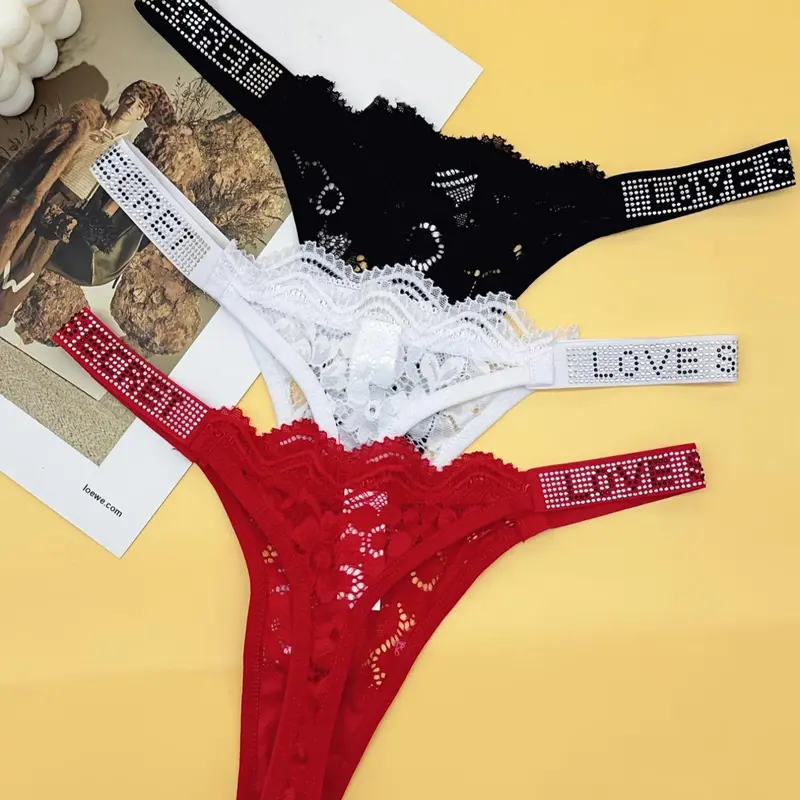 Women's Solid Color Shine Rhinestone Strap Bow Decor Floral Lace Thong, Comfortable Breathable Seamless Drop Waist Panty for Daily Wear, Ladies Underwear for All Seasons, Trim Lace Panty Underwear Panties