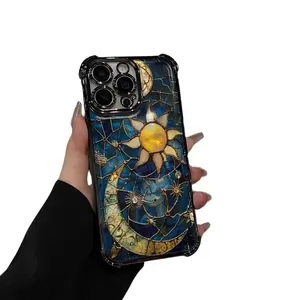 Sun and Moon Pattern Drop-Proof TPU Phone Case for iPhone 16 15 14 Pro Max 13 12 11 XS Plus Shockproof Full Camera Protection Durable Slim Silicone Casing Crystal Lights Smartphone Cover