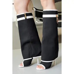 Katrinka Open Toe Padlock Detail Wide-Leg Stiletto Boots - Black