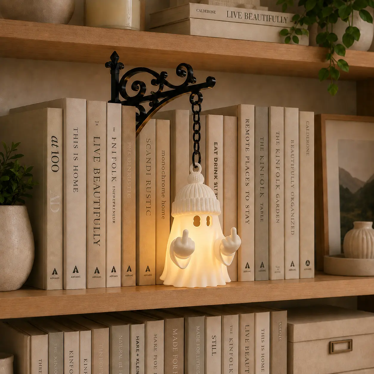 Funny Middle Finger Ghost Bookshelf Lamp with Vintage Gothic Shelf Bracket, Warm Glowing Dark Academia Book Nook Decor, Space-Saving Halloween Gift for Book Lovers