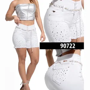 W90-722 Colombian Push-Up Rhinestone Denim Shorts with Belt