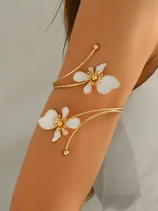 Adjustable Metal Arm Ring Bracelet, Vintage Enamel Craft Flower Open Bangle, Creative Personalized Jewelry Accessory, Boho Style Bracelet, Flower Design Bracelet, Trendy Bangle