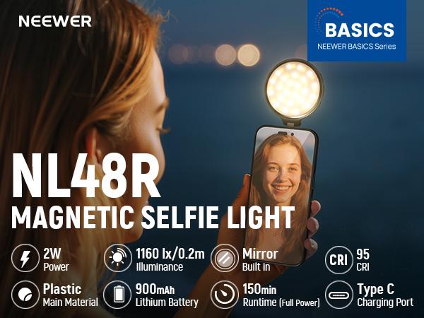 NEEWER NL48R Magnetic LED Selfie Light with Makeup Mirror, MagSafe Compatible Phone Fill Light & Desk Stand for iPhone/Android, Portable Dimmable Video Light for TikTok Live, Vlogging & Makeup