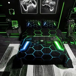 Gaming Comforter Sets,Game Contoller Bedding Set,Gamepad Alternative Down Comforter for All Season,Honeycomb Geometric Quilted Duvet