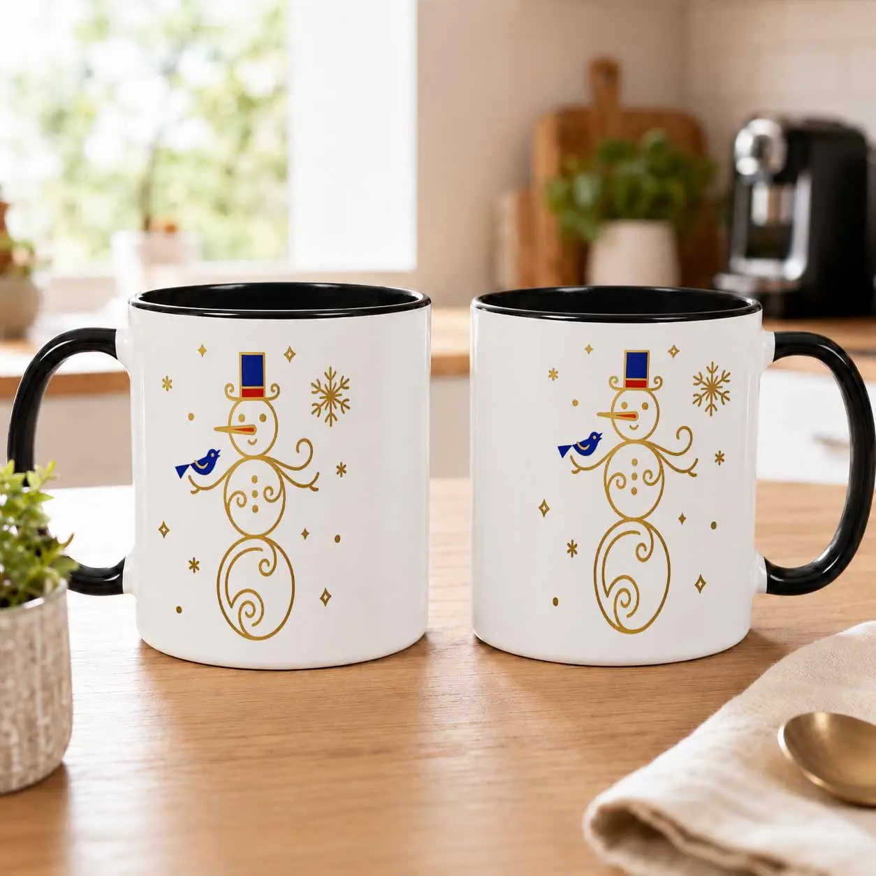Gold Snowman With Blue Bird Mug (11oz/15oz)  Minimalist Winter Holiday Festive Print  Ceramic Durable Ergonomic Handle Coffee Cup  Ideal For Christmas Morning  Office Desk Decor  Cozy Cocoa Nights