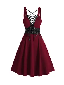 2024 Fashion Women's Gothic Dress Lace Up Buckle Strap Crisscross Plunging Neck High Waisted A Line Mini Dress Red Sundress Summer Dresses Valentine's Day Gift