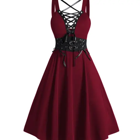 2024 Fashion Women's Gothic Dress Lace Up Buckle Strap Crisscross Plunging Neck High Waisted A Line Mini Dress Red Sundress Summer Dresses Valentine's Day Gift
