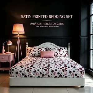 Luxurious Satin Heart Print Bedding Set, 3pcs (1 Fitted Sheet + 2 Pillowcases), Soft Comfortable Breathable, Ideal for Bedroom Use