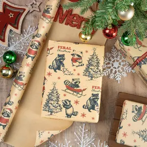 Raccoon Wrapping Paper, Cute Woodland Animal Gift Wrap Roll, Forest Critter Christmas Wrapping Paper for Holiday Season Gifts, Rustic Winter Forest-Themed Wrap for Animal Lovers, Raccoon Wrapping Paper Roll for Festive Xmas & Birthday Presents