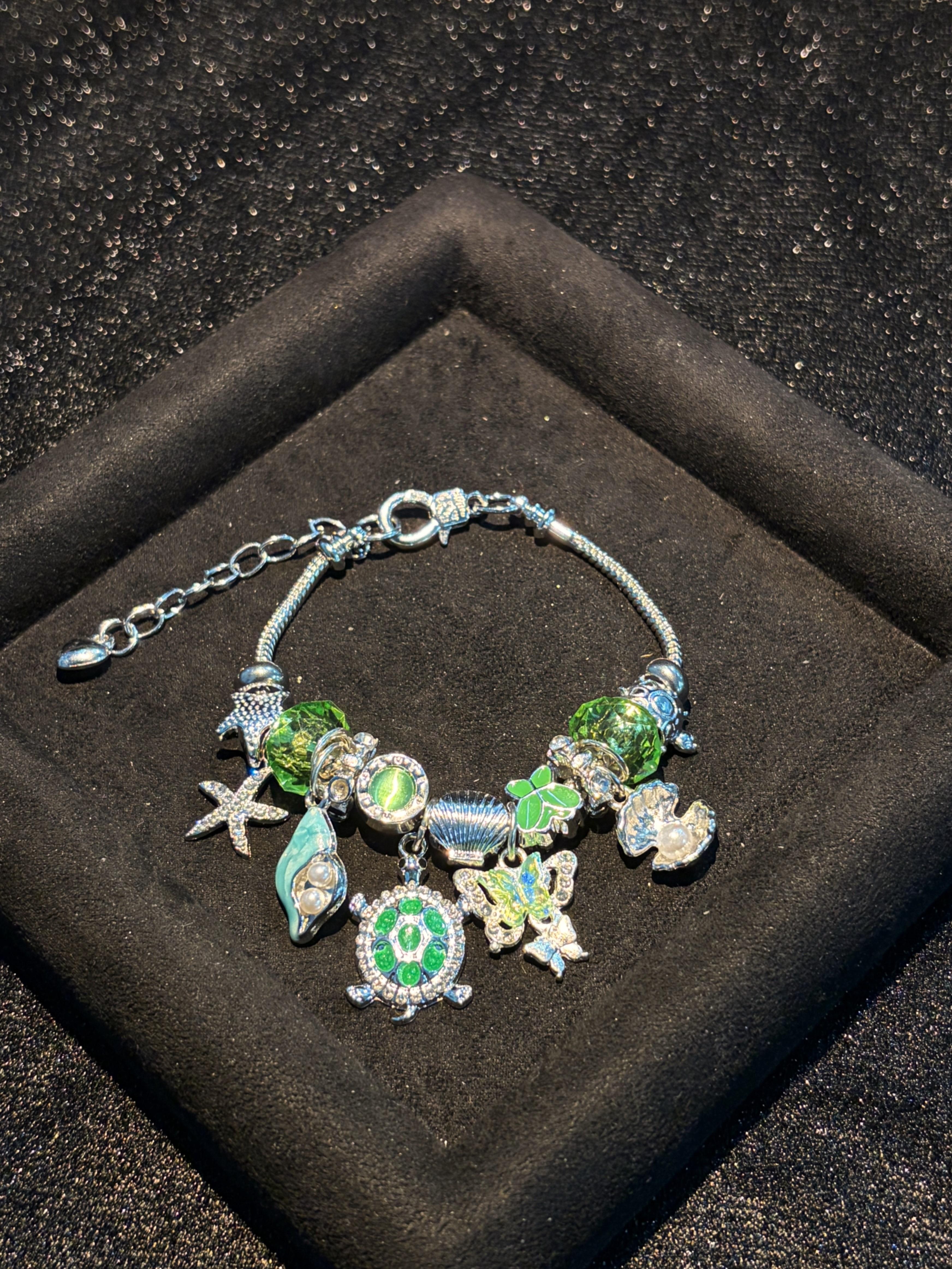 Women's Silver-Tone Ocean Turtle Snake Chain Bracelet, Adjustable Extension Chain, Enamel Turtle Shell Starfish Butterfly Dangles, Purple & Green Crystal Beads, 2-Color Options, Stackable Beach Costume Jewelry Gift