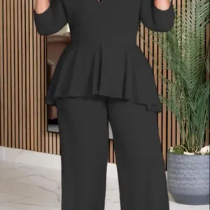 【PlusSize】SolidColorTop&WideLegPantsSet,ElegantFashionCasualTwo-pieceOutfitsforDailyOutdoorWear,Co-ordSetsforWomen,?WomenClothingforSpring&Fall