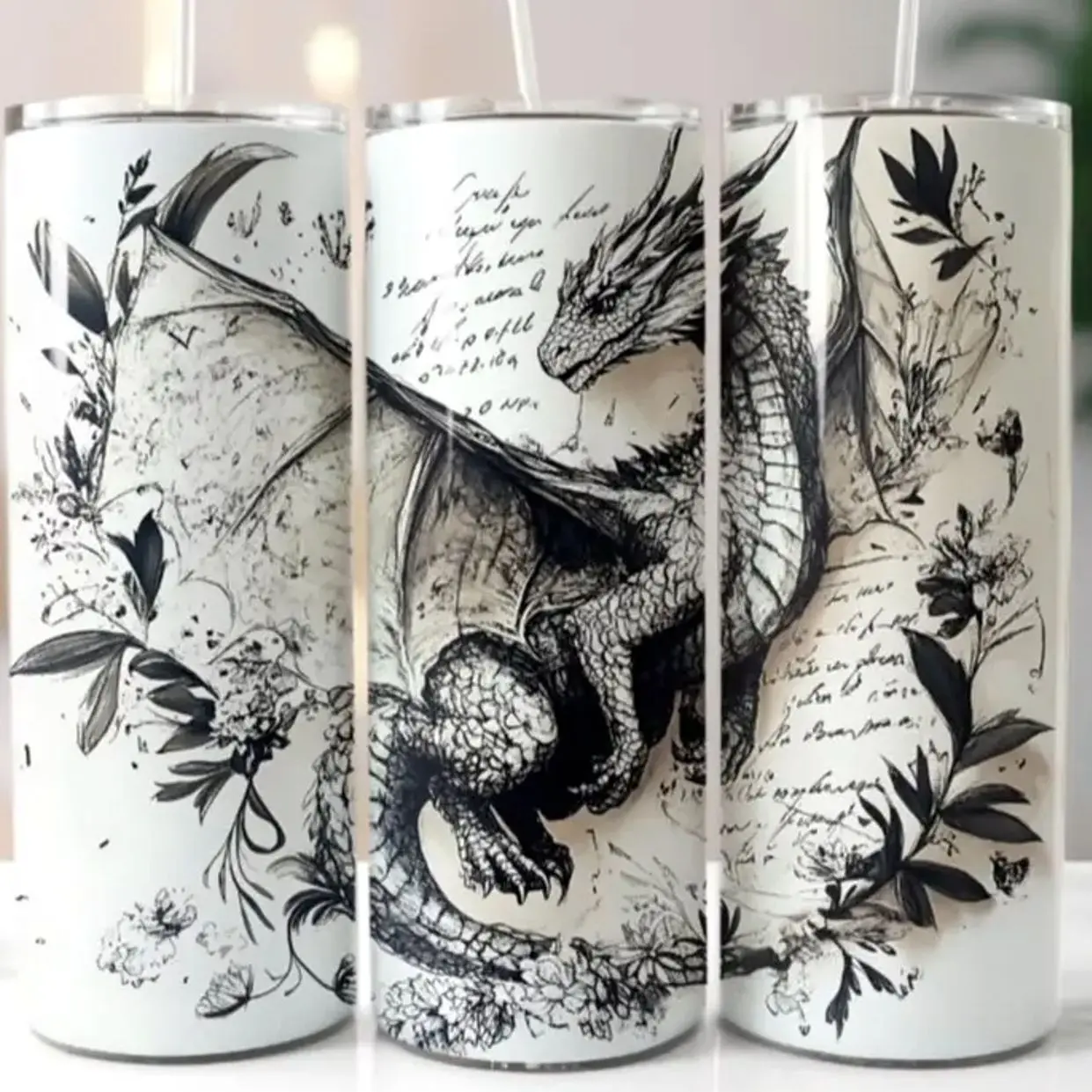 Dragon 20oz Skinny Tumbler, Fantasy Dragon Travel Mug, Stainless Steel Insulated Coffee Cup, Mythical Creature Gift