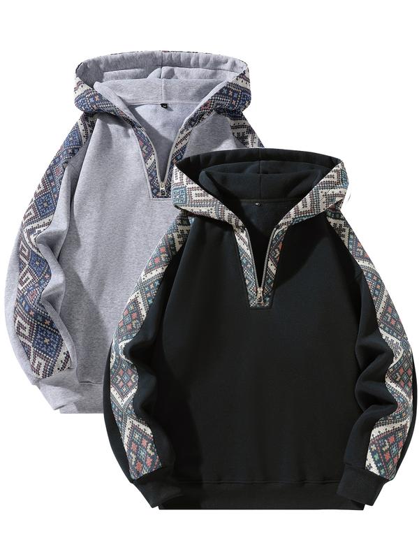 Unisex Retro Ethnic Patchwork Half Zip Hoodie, Casual Comfy Regular Fit Long Sleeve Pullover for Fall & Winter Daily Wear