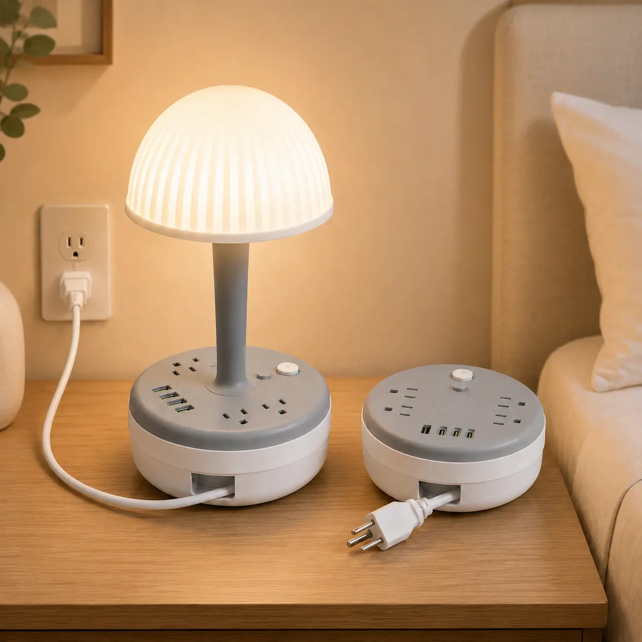 Retractable Cord Power Strip with Desk Lamp, 4 AC Outlet Extender with USB C Ports, Dimmable Night Light Socket, 3 Color Modes Bedside Table Lamp, Charging Station with 6 ft Extension Cord, Phone Charger for Bedroom Dorm Room Office