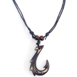 Hawaiian Fish Hook Pendant Hemp Cord Adjustable Chain - Maori Tribal Necklace